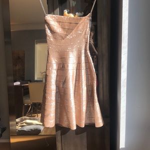 Herve Leger champagne sequence strapless dress